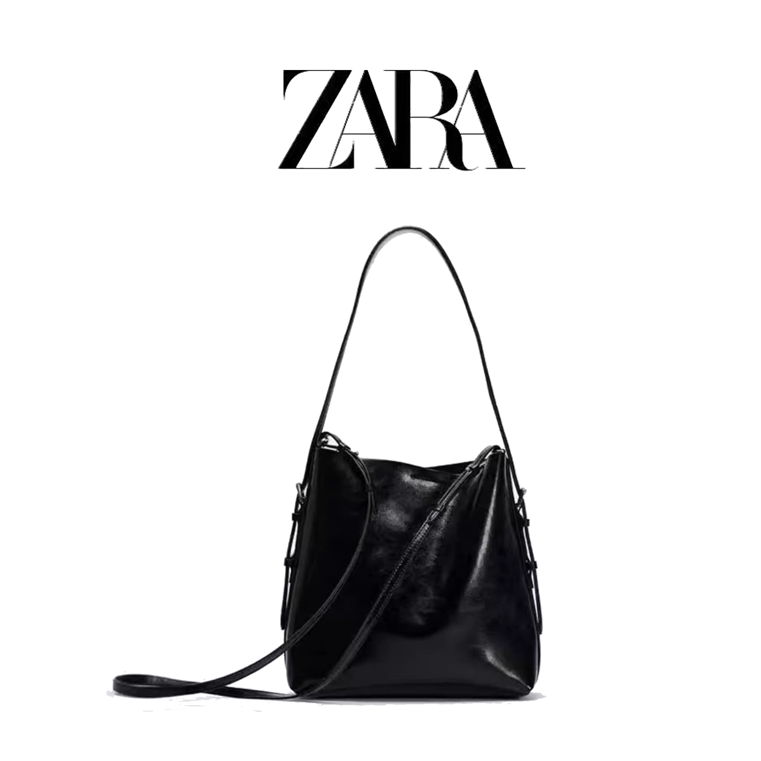 자라 가방 여성 크로스 숄더 더블 스트랩 레더 버킷백 호보백 블랙