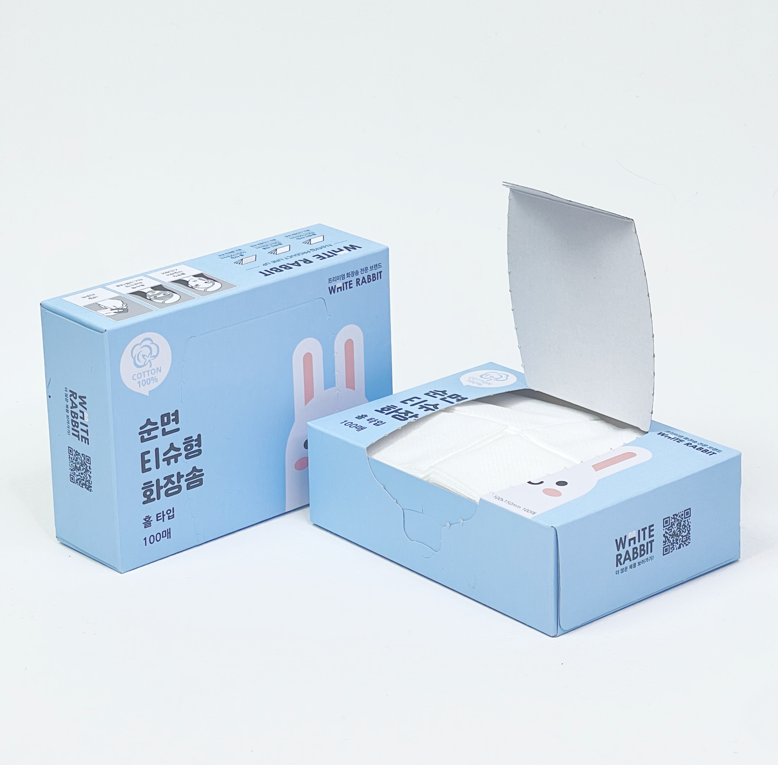 화이트래빗 티슈형 플레인타입 화장솜(100매x5박스) 100%천연순면 국내제조 닦토 DIY스킨팩 토너팩