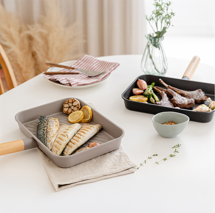 델라고 주물팬 생선구이 스테이크 인덕션그릴 팬 우드 IH